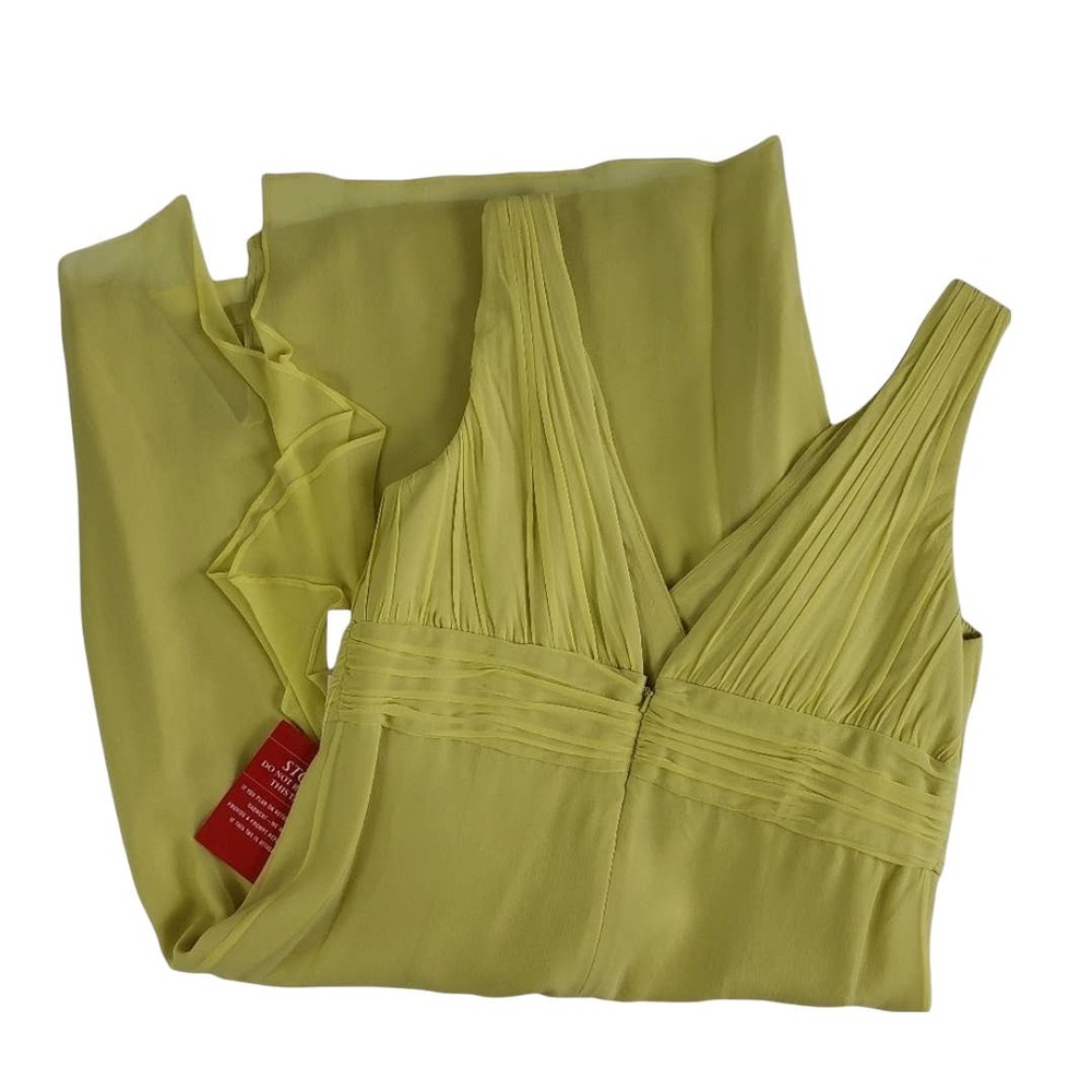Donna Morgan NEW Silk Chiffon Ruched Empire Dress V Neck & Back Lime Size 12 - Picture 5 of 8